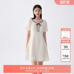 FIVE PLUS连衣裙女泡泡袖裙子高腰单排扣收腰休闲复古法式女夏装