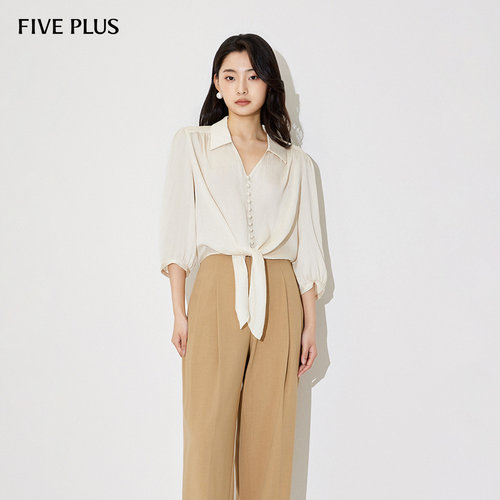 FIVE PLUS衬衫女雪纺上衣长袖V领绑带衬衣排扣小众新款女