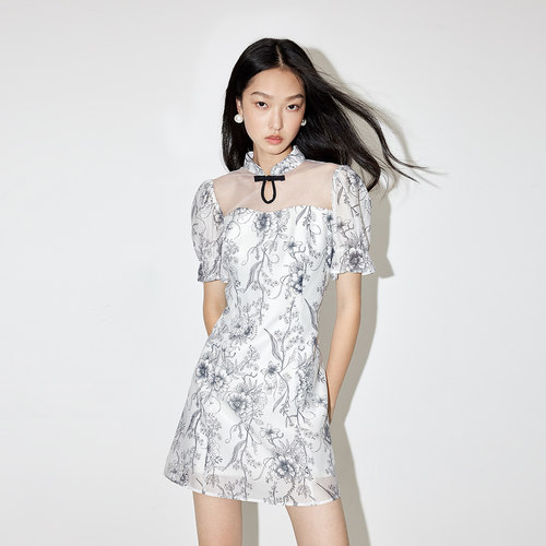 FIVE PLUS连衣裙女新中式盘扣裙子泡泡袖印花女夏装