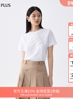 FIVE PLUST恤女短袖上衣蝴蝶结拼接花边圆领少女感新款女夏装