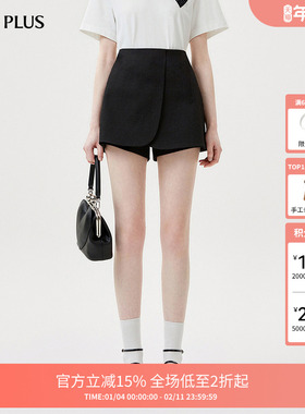 FIVE PLUS学院风挂链休闲短裤女气质阔腿高腰A字裙裤黑色短裤子女
