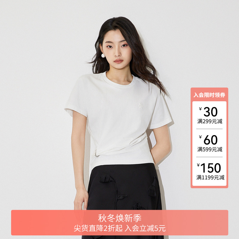FIVE PLUST恤女上衣褶皱收腰圆领短袖不对称设计感新款女