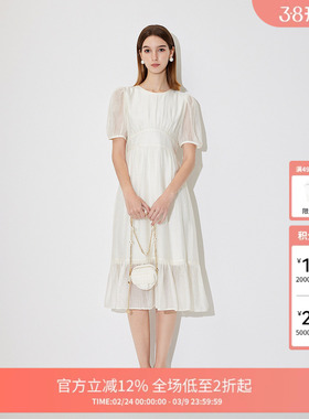 FIVE PLUS连衣裙女泡泡袖中长款裙子高腰优雅花纹复古新款女夏装