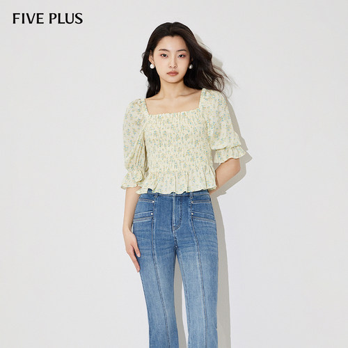 FIVE PLUS衬衫女上衣碎花衬衣喇叭袖方领修身法式新款女夏装