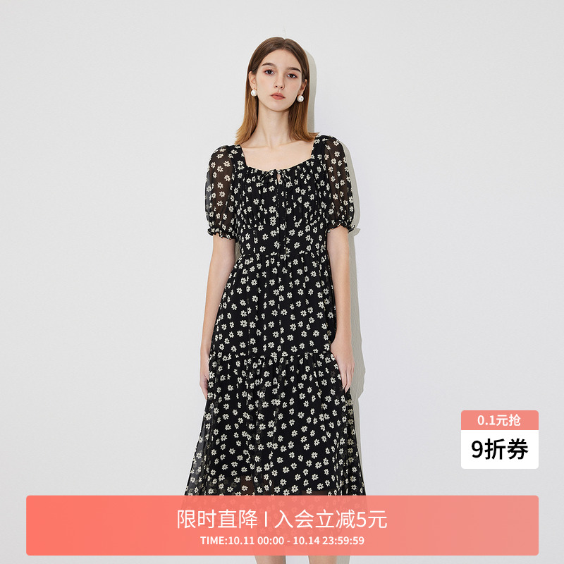 FIVE PLUS连衣裙女雪纺碎花裙子中长高腰方领法式新款女夏装