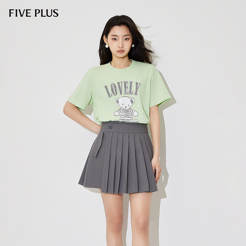 FIVE PLUST恤女上衣短袖宽松纯棉圆领字母小熊图案新款女夏装