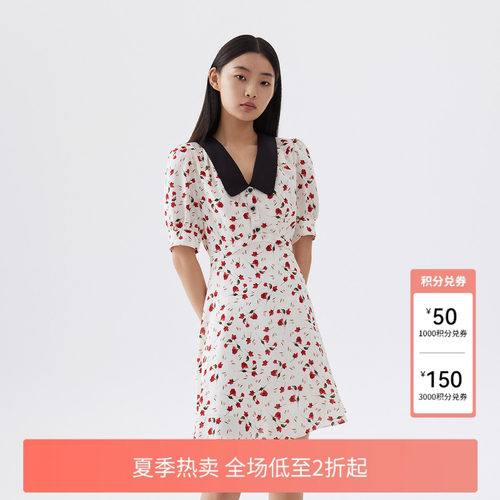 FIVE PLUS连衣裙女印花短裙子泡泡袖高腰翻领复古女夏装