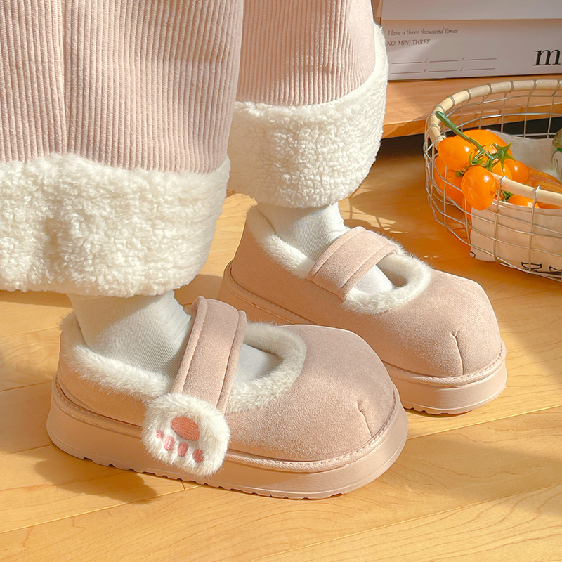 全包跟棉拖鞋女冬季新款厚底防滑室内保暖可爱猫爪毛毛绒棉鞋外穿