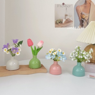 ins风陶瓷彩色小花瓶家居装 房间布置摆设 饰桌面摆件仿真假花套装