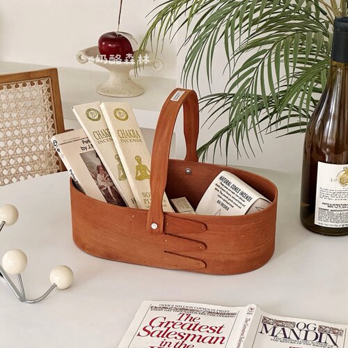 ins风复古实木手提收纳筐杂物盒