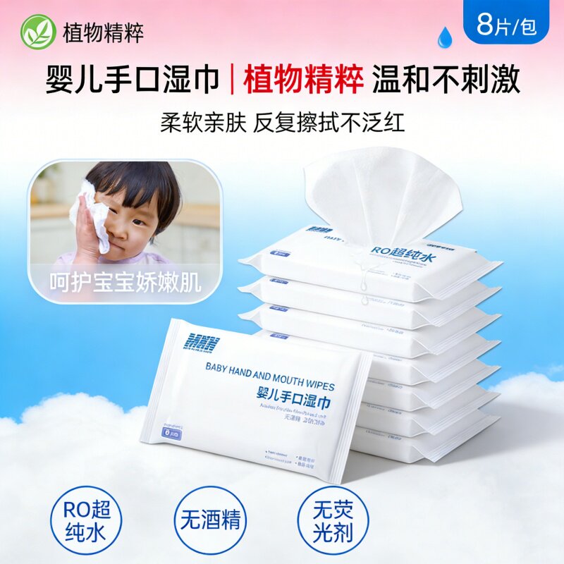 宝宝手口湿巾8片装一次性便携儿童擦脸婴儿清洁湿巾换尿布外出