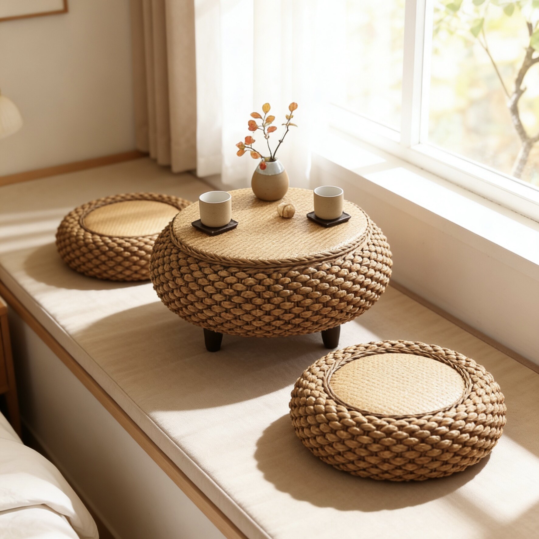 日式藤编飘窗小桌榻榻米茶几阳台休闲编织圆形可收纳炕几喝茶桌子