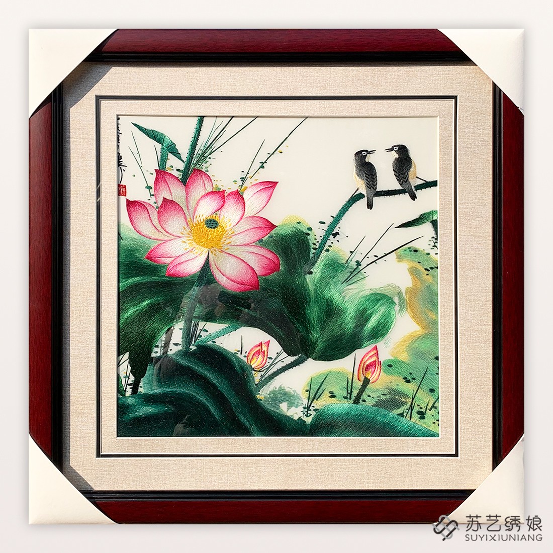 苏绣成品挂画手工刺绣精品荷花花鸟客厅卧室装饰挂画花鸟刺绣挂画图片