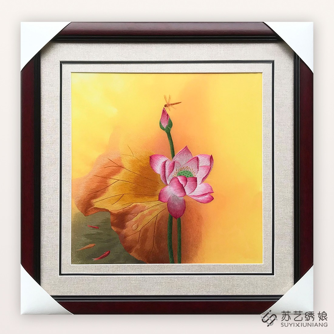 苏绣成品挂画手工刺绣精品荷花餐厅卧室装饰挂画荷花蜻蜓刺绣挂画图片