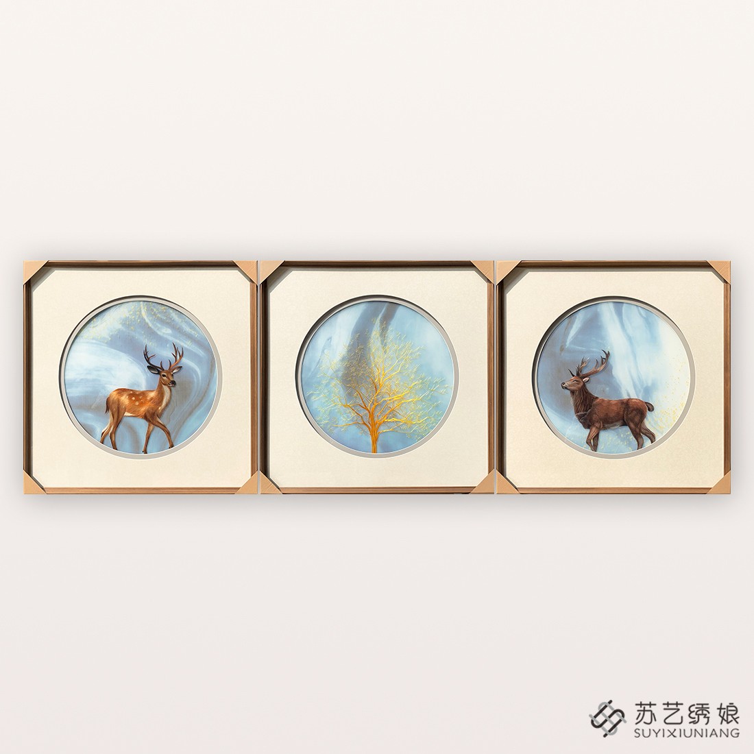 苏绣成品挂画客厅沙发墙三联画装饰刺绣挂画福禄小鹿刺绣挂画书房图片
