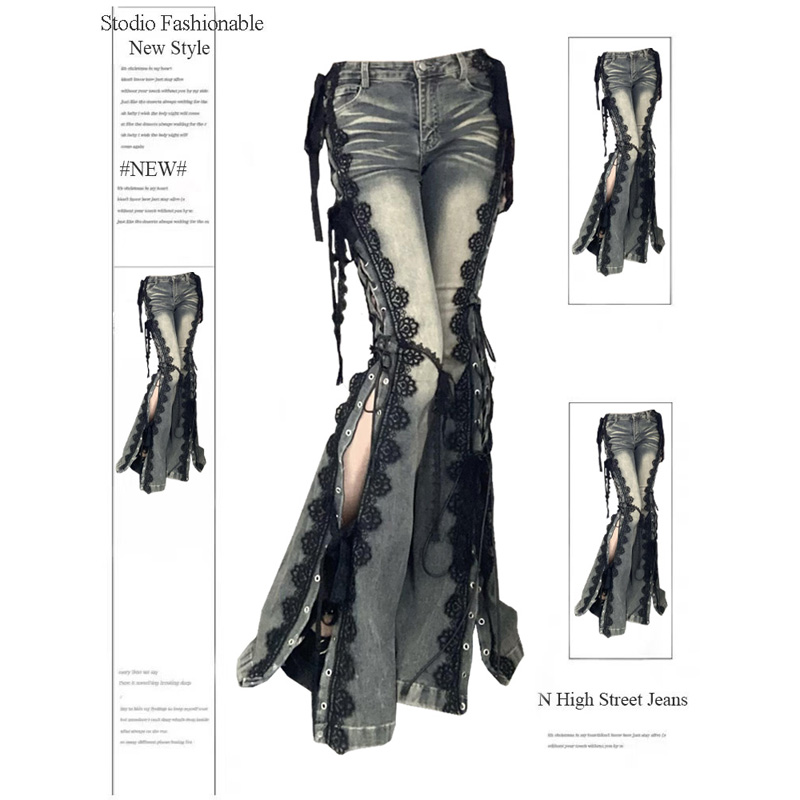 thumbnail for Plus Size Vintage Babes Slim Slim Slim Slightly Flared Mop Pants Women's Lace Lace Slit Jeans