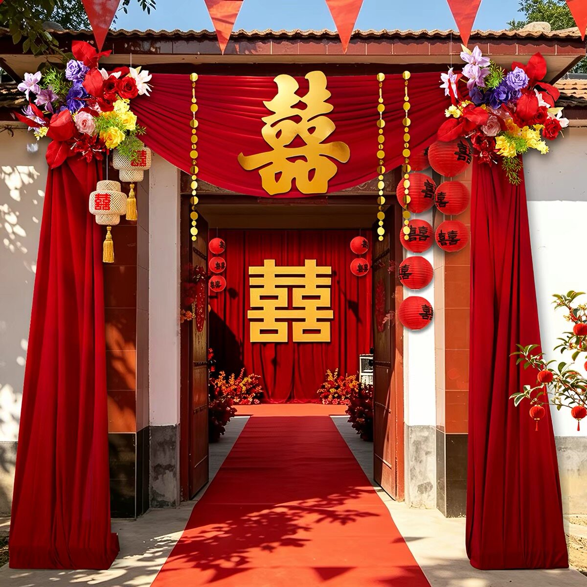 结婚农村大门庭院装饰婚礼布置自建房小区单元门结婚装饰婚房布置