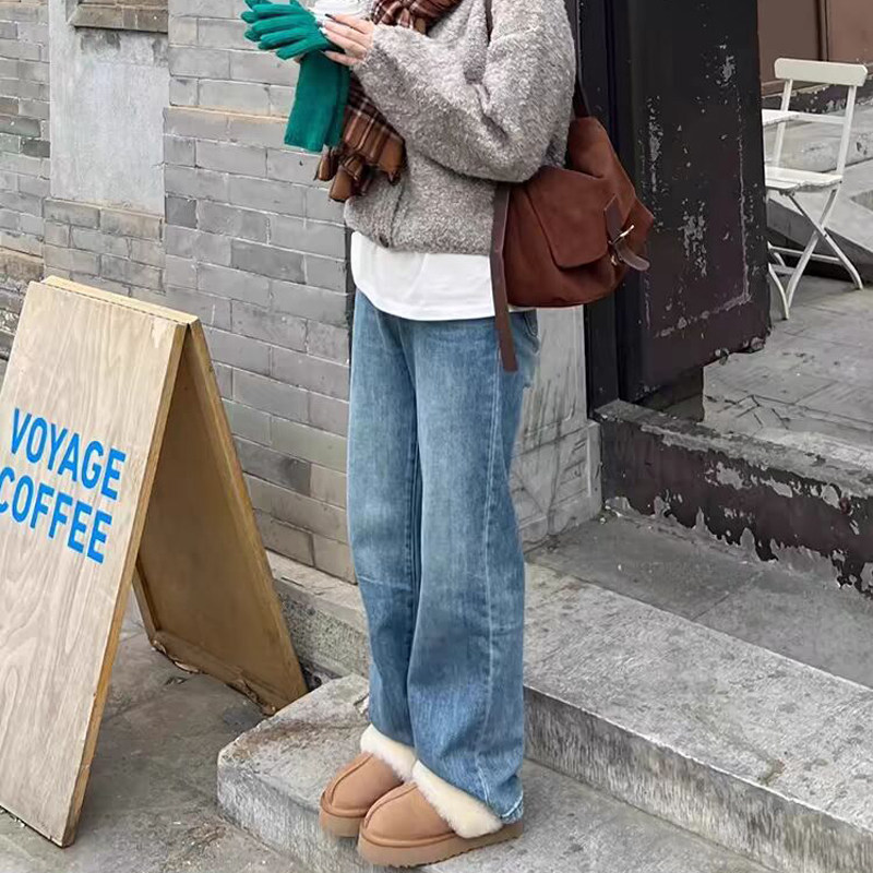 浅蓝色高腰阔腿牛仔裤女2025新款冬季加绒加厚小个子宽松直筒裤