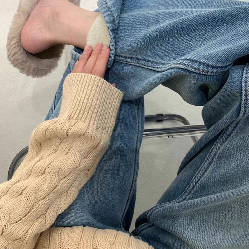 加绒窄版阔腿牛仔裤女直筒拖地裤