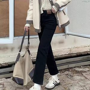 高腰加绒加厚直筒牛仔裤女秋冬新款宽松小个子九分烟管法棍裤德绒