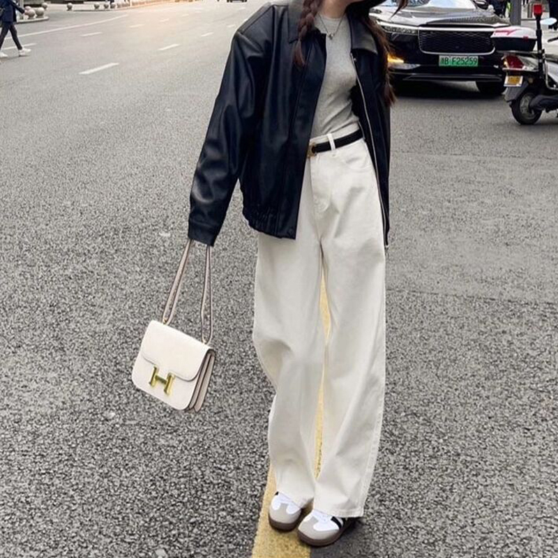 白色窄版直筒牛仔裤女2025年冬季新款高腰显瘦小个子垂感阔腿裤