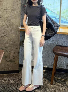 白色三防四面弹微喇牛仔裤女2026新款春夏不贴腿小个子阔腿喇叭裤