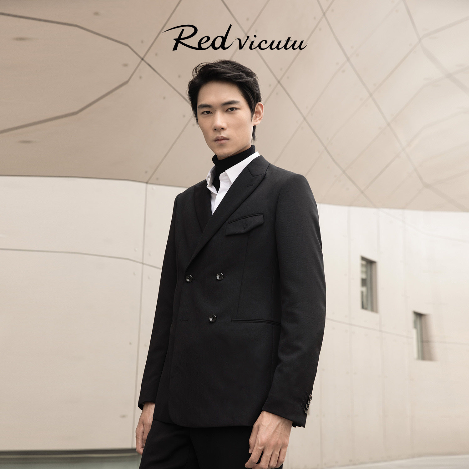 VICUTU/威可多男士西服双排扣时尚羊毛黑色百搭通勤西服上衣