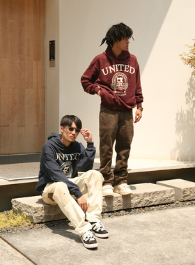 Fakevintage 双色工会美式复古印花基础套头连帽印花卫衣男女同款