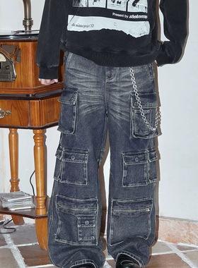 FV复线 SHELUVME 多袋水洗工装牛仔裤 百搭直筒宽松牛仔长裤