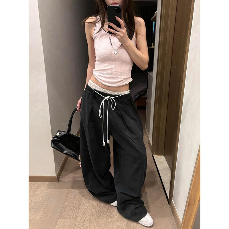 假两件弯刀休闲裤女春夏季蕾丝双腰头宽松直筒阔腿裤垂感拖地长裤