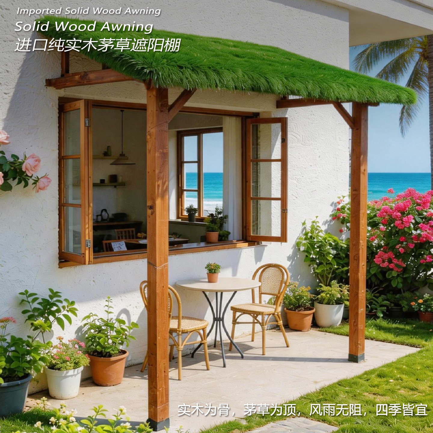 进口纯实木遮阳棚茅草屋顶凉亭