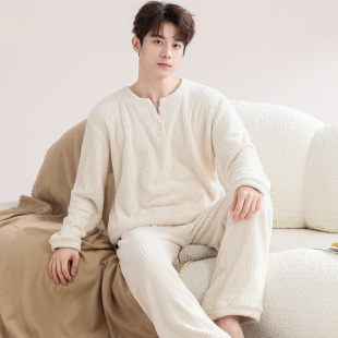 秋冬款 套装 冬季 珊瑚绒家居服男款 保暖加厚加绒大码 半边绒睡衣男士