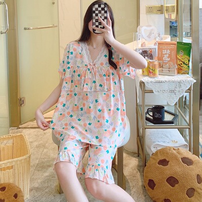 女士夏季超薄棉绸睡衣套装，短袖