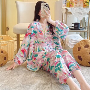 棉绸睡衣女春秋长袖夏薄款绵绸妈妈家居服人造棉孕妇套装大码外穿