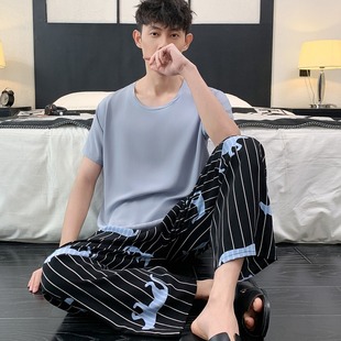 圆领透气可外穿时尚 夏季 薄款 绵绸 棉绸家居服套装 睡衣男士 短袖 新款