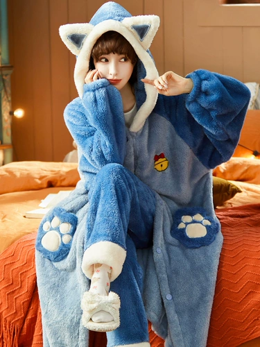 Зимняя коралловая бархатная флисовая пижама, милый фланелевый демисезонный длинный банный халат для школьников, комплект, увеличенная толщина