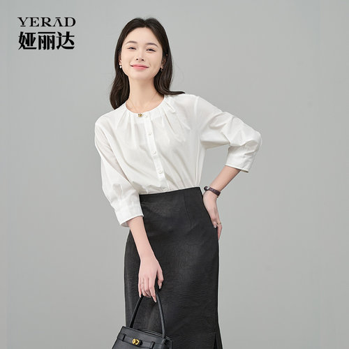 娅丽达2026夏季新款白色圆领衬衫女女士优雅薄款七分袖衬衣