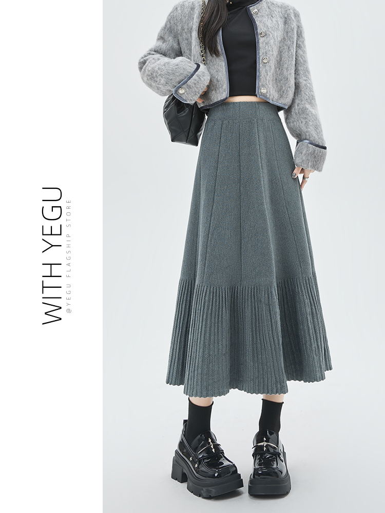 灰色针织半身裙女春秋冬季高腰显瘦气质中长裙设计感大摆百褶裙子