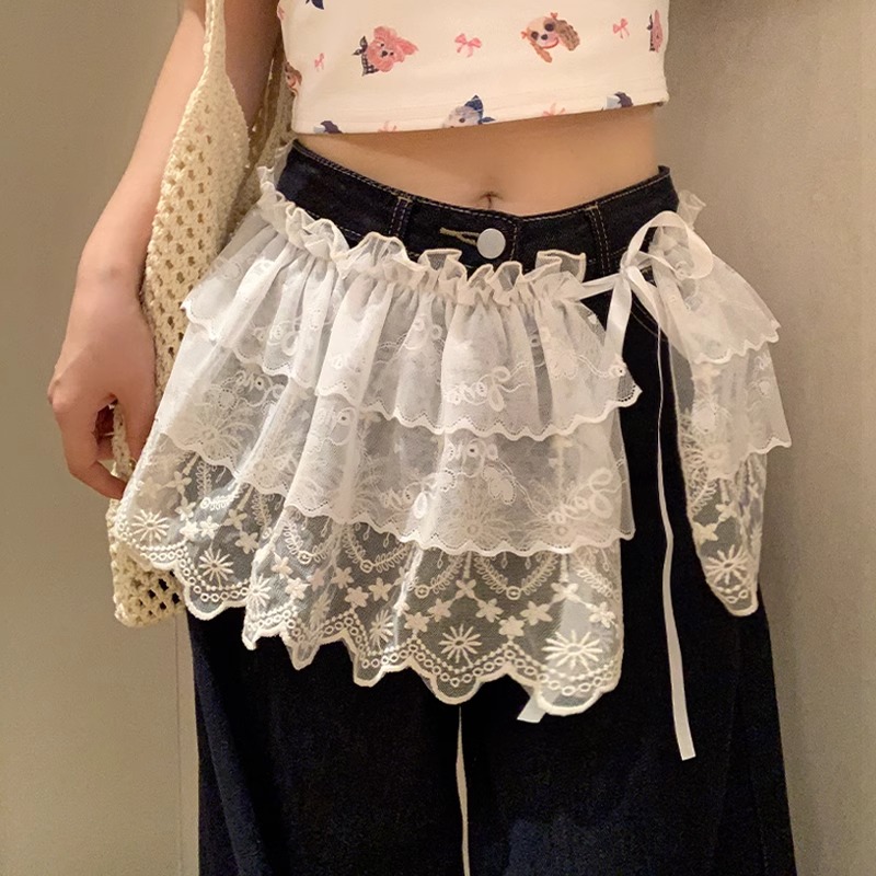 夏季新款韩系叠穿蕾丝半身裙屁帘挡帘女腰部系带绑带文艺青年森系