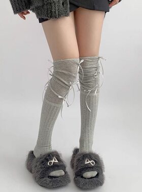 过膝袜女白色蝴蝶结长筒堆堆袜半截靴子宽松袜子小腿袜运动健身