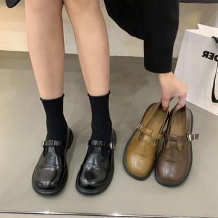 英伦小皮鞋女2025夏季款韩版学生复古圆头一脚蹬平底玛丽珍单鞋子
