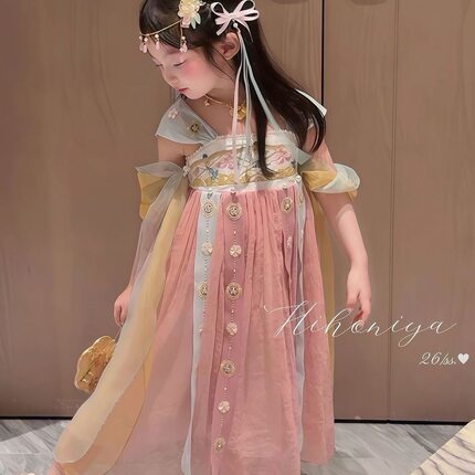 女童2026年夏季新款女宝宝缠枝花卉飘逸灵动唐风襦裙小女孩连衣裙