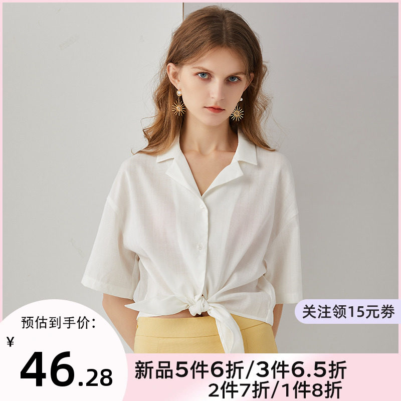 DOOC雪纺衬衫女士春季新款甜美翻领纯色短袖时尚系带上衣