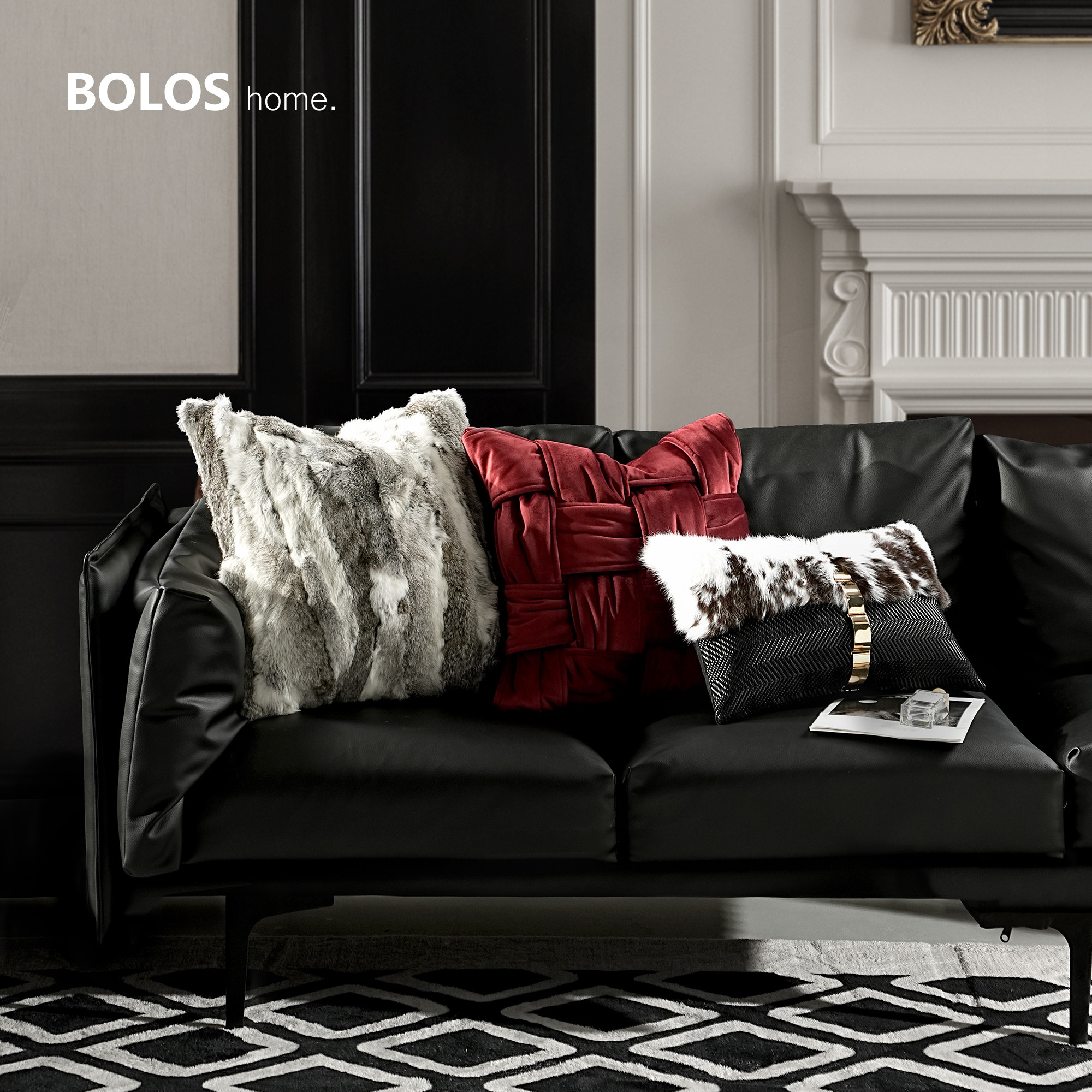 柏洛斯样板间高端床头靠垫皮草