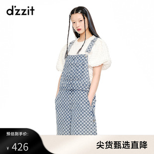 女阔腿小个子 dzzit地素奥莱春秋可盐可甜棋盘格背带牛仔中裤