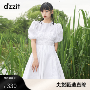 dzzit地素 白色泡泡袖 甜美连衣裙女3D2O5121B 奥莱夏款