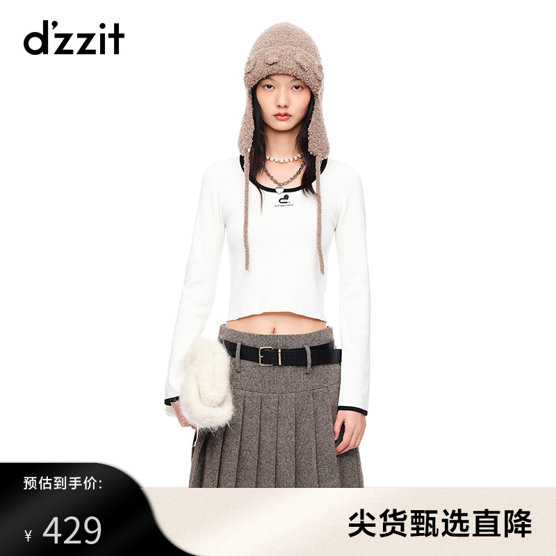 dzzit地素23春专柜新款甜酷黑白撞色爱心LOGO截短款针织套头衫女