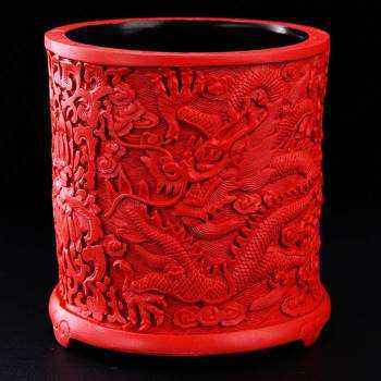 新款包邮扬州漆器厂脱胎剔红雕漆大笔筒办公用品桌面创意摆件复款