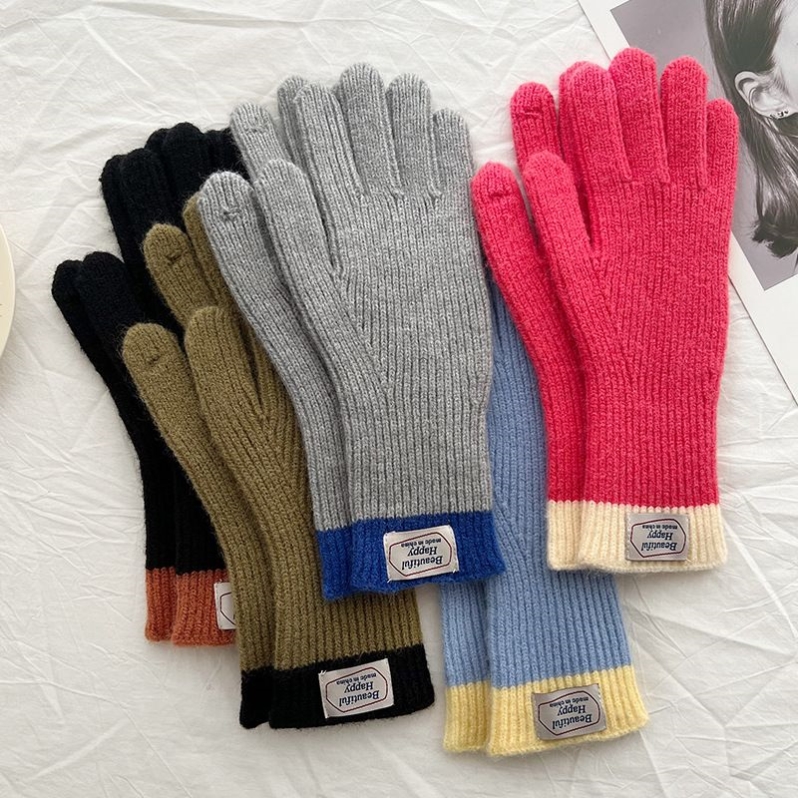 冬季保暖拼色毛线针织手套分指露指触屏防寒长版贴标原宿风护手腕