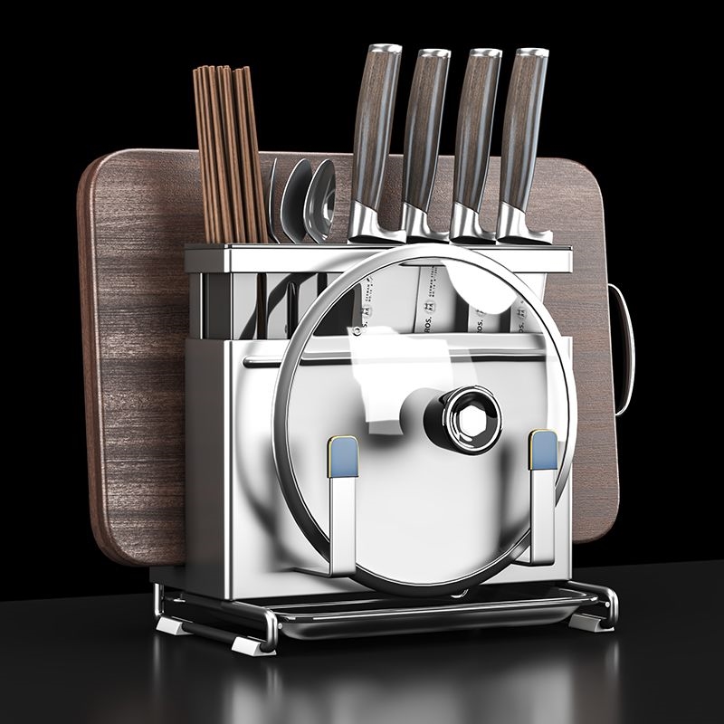 家用刀架304不锈钢厨房置物架多功能锅盖刀具一体菜板免打孔收纳